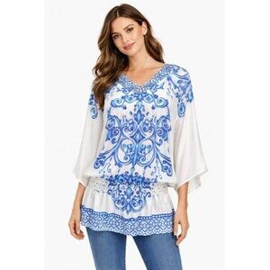 Chico's Wrns Mediterránea Print Tunic Blouse Blue White Size 2 Large Boho Artsy